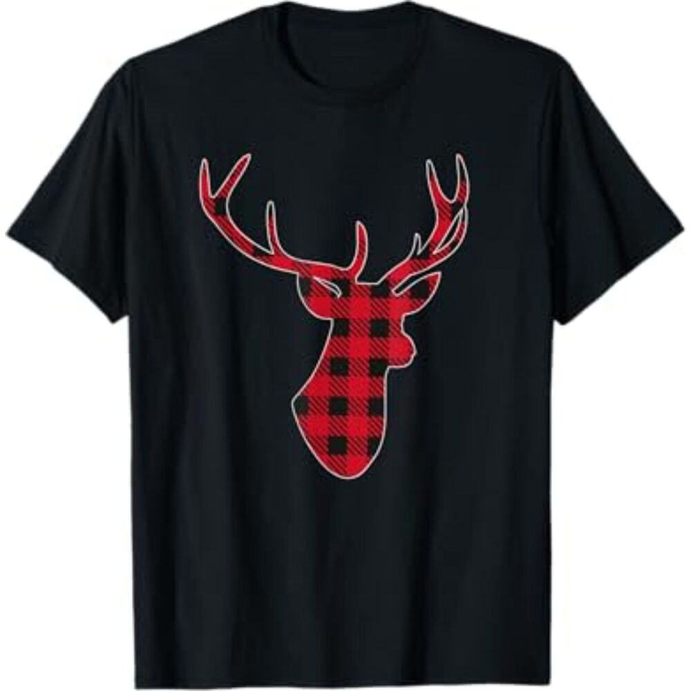 Classic Red & Black Plaid Deer T-Shirt, Size Medium